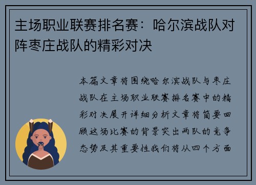 主场职业联赛排名赛：哈尔滨战队对阵枣庄战队的精彩对决