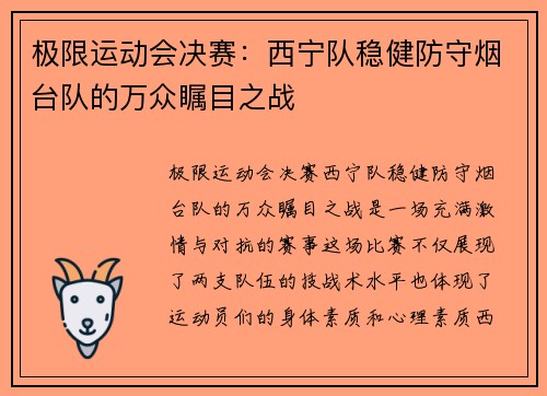 极限运动会决赛：西宁队稳健防守烟台队的万众瞩目之战